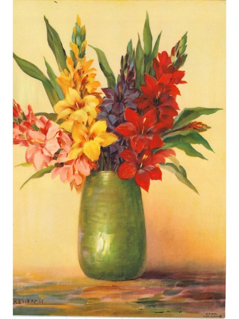 🎨 2 for $20 🎨 Vintage Calendar Lithograph Vase Full of Flowers 6 x 7.75